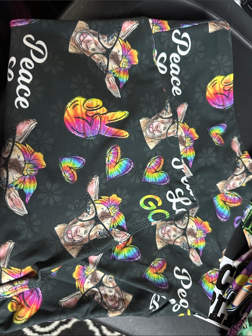 Women or Jr Black Leggings with Rainbow Peace & Heart Prints with GOATS